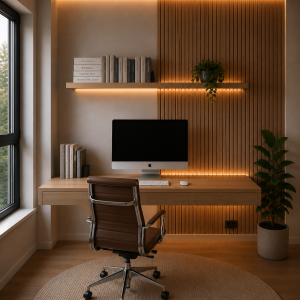 Scrivania sospesa in rovere su misura per Home Office e Smart Working con pannello a listelli