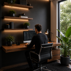 Scrivania Sospesa in Noce Nazionale con Mensole Illuminate e Cassettiera – Postazione Smart Working di Design Su Misura XLab DESIGN