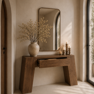 Consolle da Ingresso in Legno Massello di Rovere con Cassetto e Vani Contenitore | Mobile Artigianale Moderno Su Misura