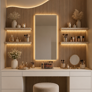 Toilette da Trucco Moderna Artigianale in Legno Massello e Rovere con Specchio LED Personalizzabile