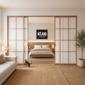 Porte Scorrevoli in Legno Massello e Tessuto di Lino Naturale su Misura – Modello XLAB Linen Harmony