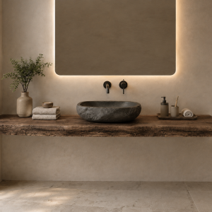 Mensola Bagno Sospesa in Legno Massello di Castagno “Pioggia” – Su Misura