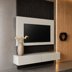 Parete Attrezzata Porta TV Moderna con Listelli in Legno e Mobile Sospeso 180 cm