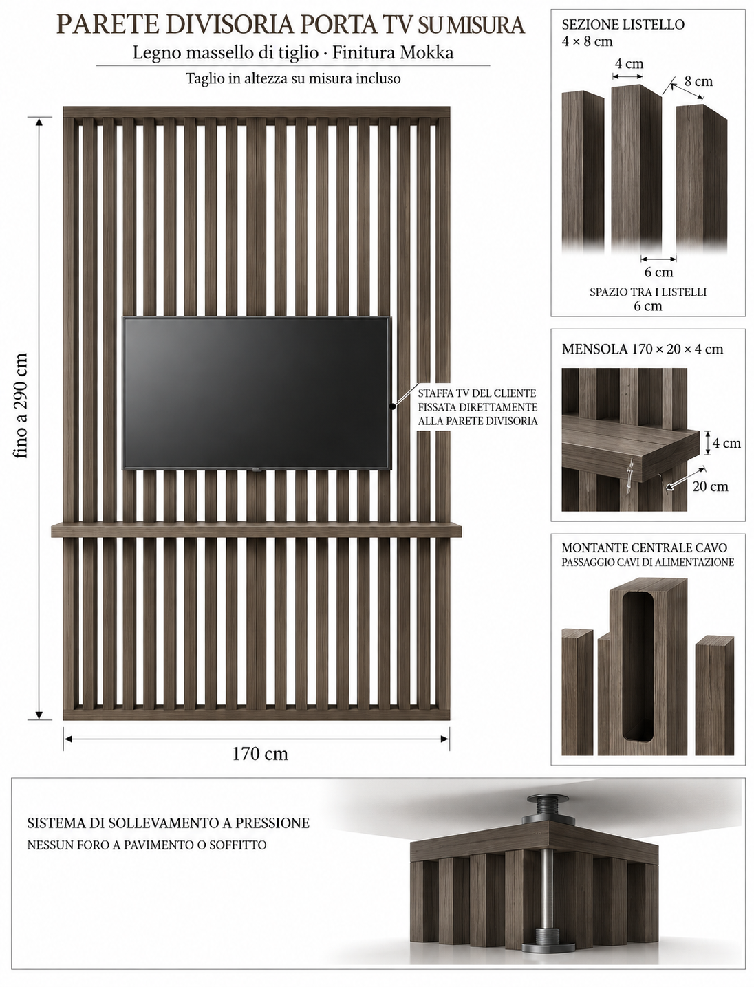 Scheda tecnica misure parete divisoria listelli di legno porta TV