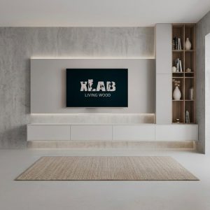 Parete attrezzata TV sospesa su misura, laccata opaca con LED e libreria