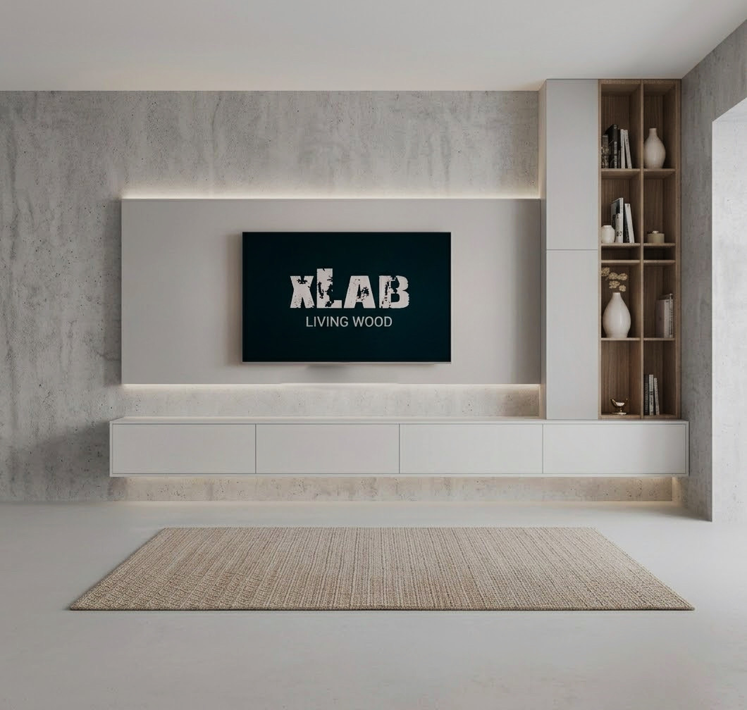 Parete soggiorno bianco laccato porta tv e mensole