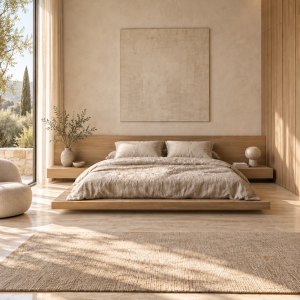 Kanso – Letto basso giapponese Feng Shui in rovere naturale con testiera e comodini