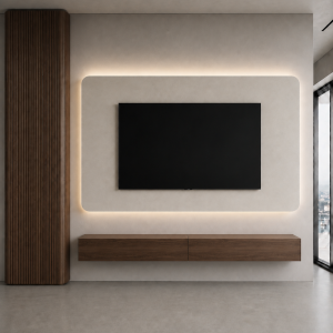 Mobile porta TV di design su misura con pannello nascondi cavi e contenitore in noce Canaletto