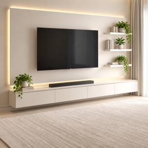 Parete TV sospesa su misura FORMA 280 con pannello, cassetti e mensole