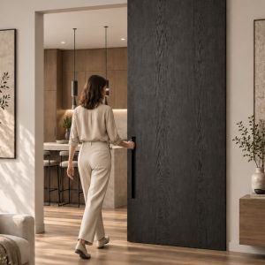 Porta scorrevole Ghost artigianale in legno, realizzata su misura con binario totalmente invisibile, maniglia incassata e finiture personalizzabili.