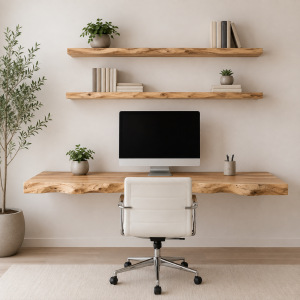 Scrivania Sospesa Levante in Castagno Massello 160×50 cm con 2 Mensole per Smart Working