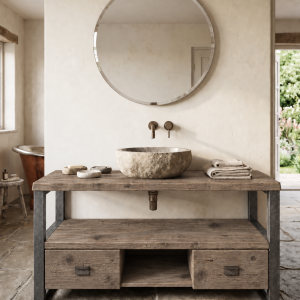 Mobile da Bagno Stile Industriale Rustico in Legno Massello e Ferro – Grigio Pioggia su Misura