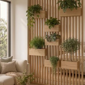 Parete divisoria con listelli in legno e portapiante senza forare pavimento e soffitto