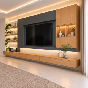 Parete attrezzata sospesa su misura in rovere | XLAB Design