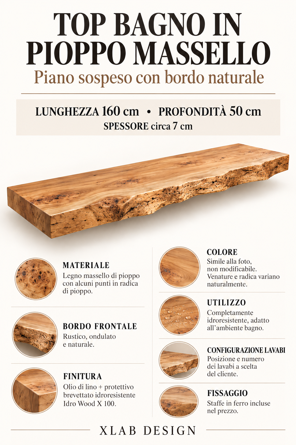 Scheda tecnica mensola piano lavabo in legno massello da bagno