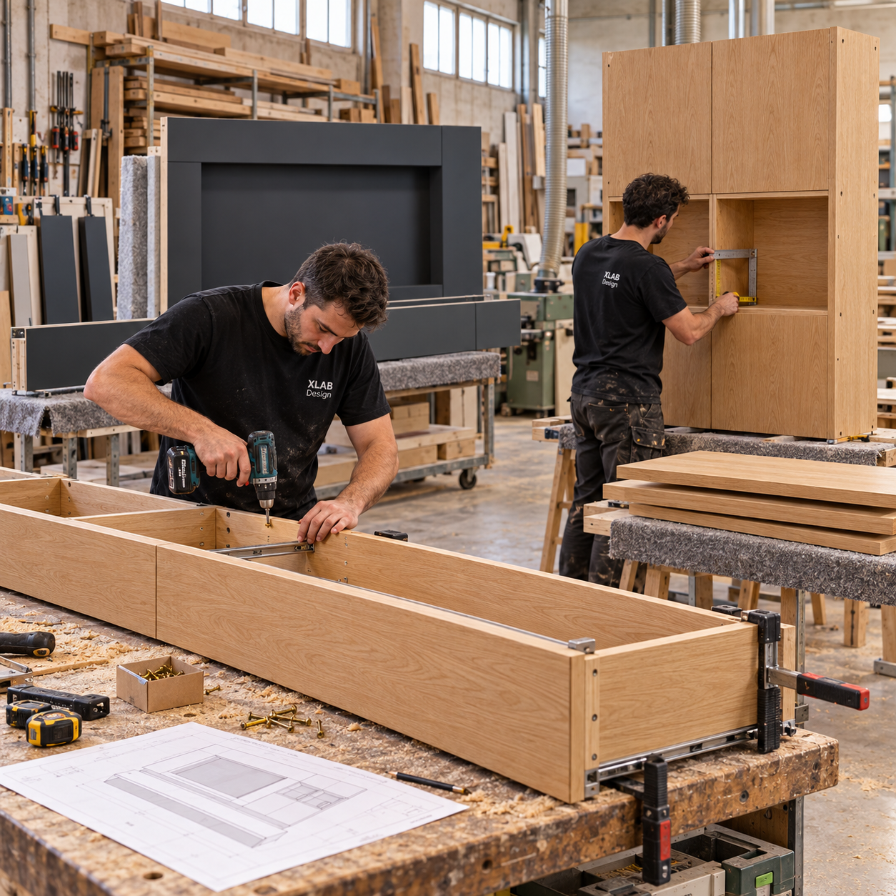 Falegname mix che realizzano la varietà attrezzata in legno massello di DESIGN