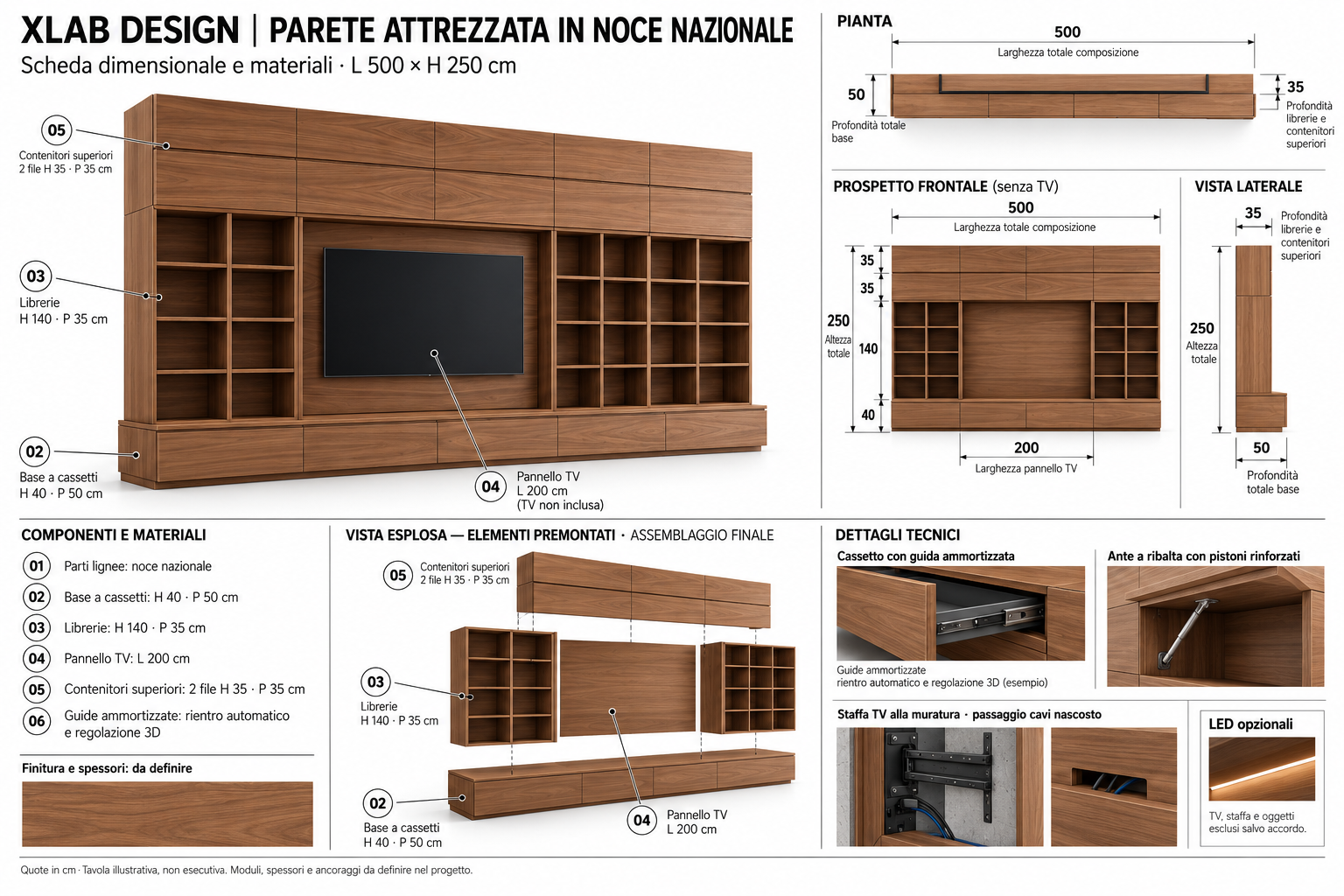 Progetto parete attrezzata Xlab mobile porta TV cassetti e sportelli Noce internazionali Scheda tecnica e misure mobile e parete attrezzata soggiorno Porta TV Xlab