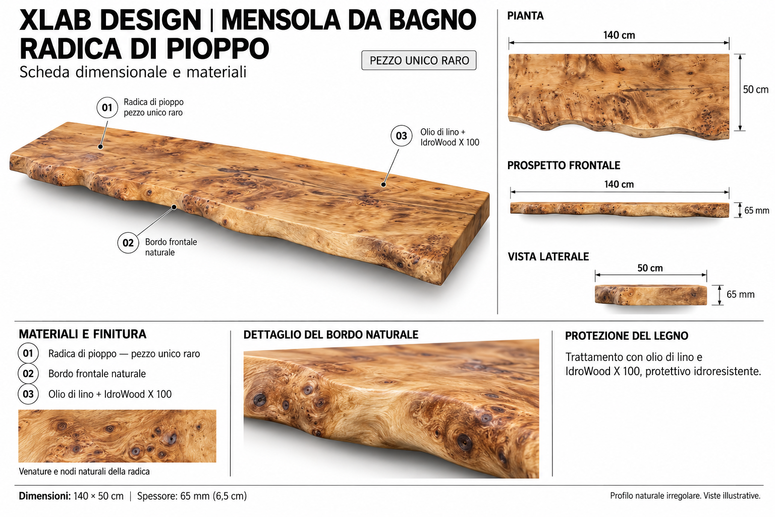 pezzo unico mensola da bagno sospesa, legno massello di radica di pioppo 140 cm Scheda tecnica mensola da bagno legno radica pioppo Xlab design