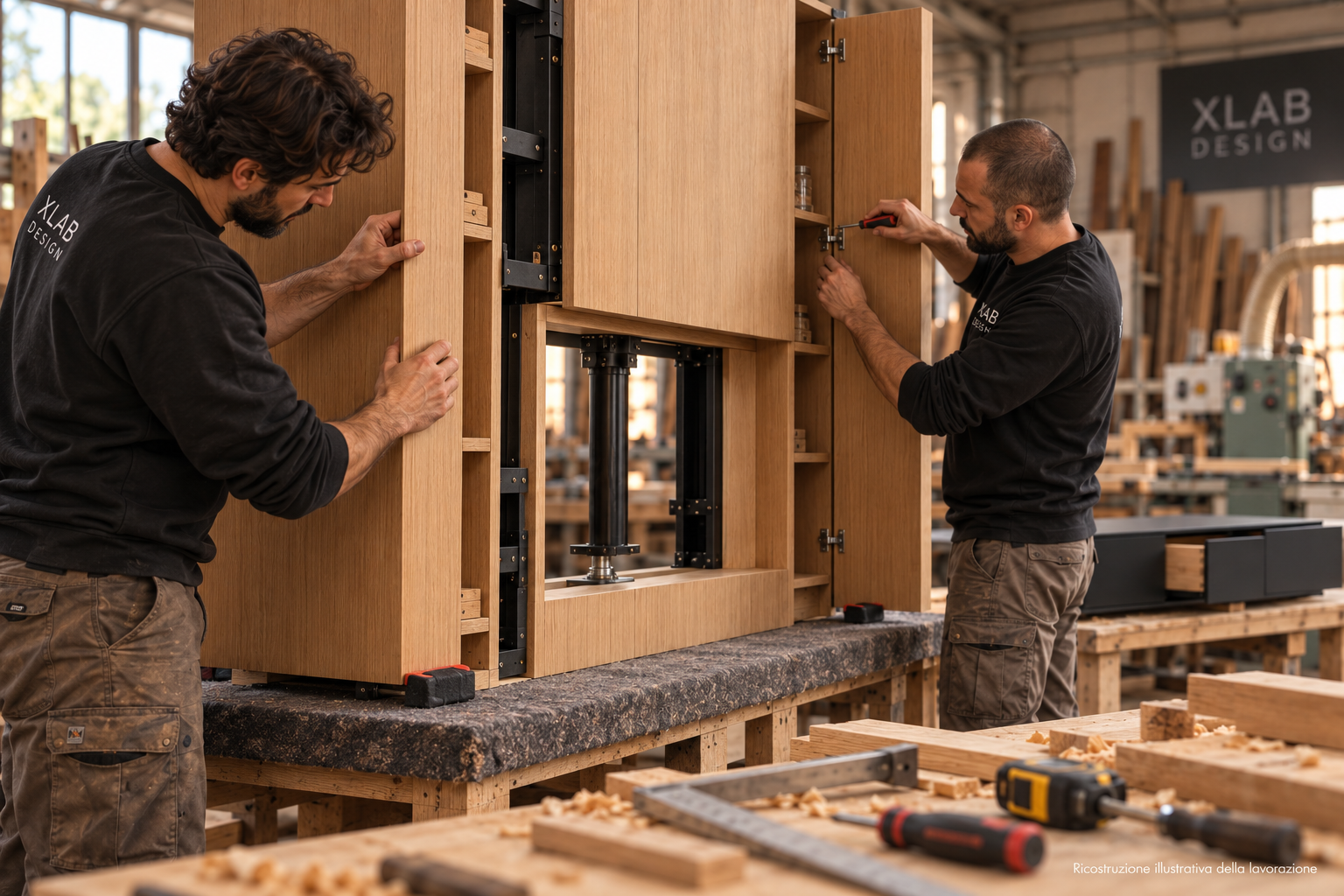 Falegname Xlab realizzano il mobile porta al centro stanza fissata da soffitto girevole Falegnami XLab mentre costruiscono mobile porta di tipo girevole