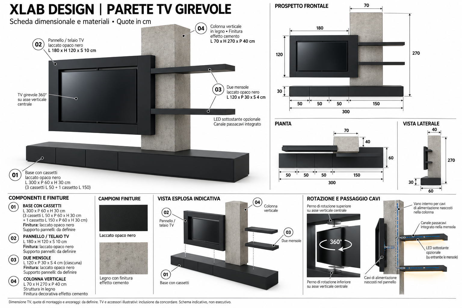 Scheda tecnica misure mobile tv sospeso e girevole Design italiano mobile divisorio porta tv sospeso