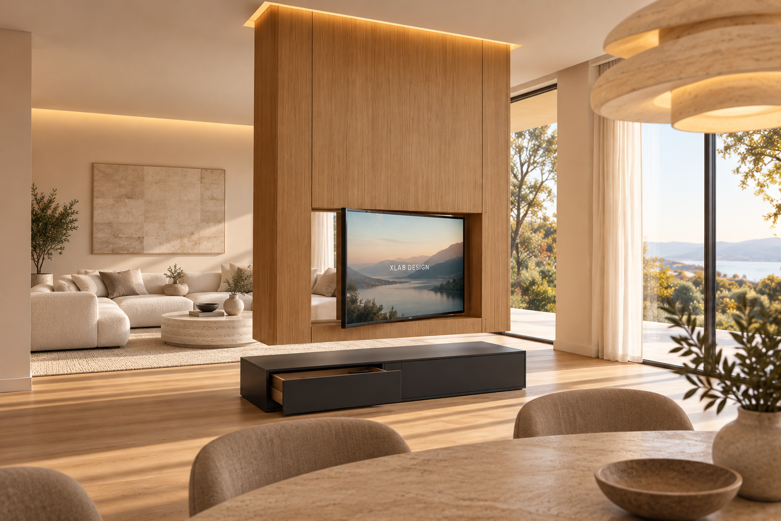 Design moderno è originale per dividere gli ambienti, eccetto Idea unica originale televisore al centro stanza girevole