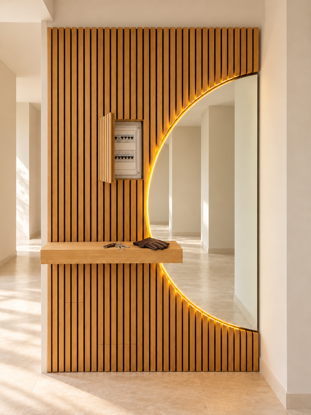orbita-mobile-ingresso-listelli-legno-specchio-led.webp Mobile ingresso ORBITA con listelli verticali in legno finitura rovere, specchio semicircolare LED e mensola sospesa