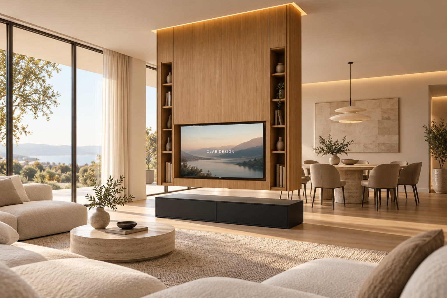 Divisorio Porta di Contr per Ambiente al centro stanza in legno e TV girevole Mobile Porta artigianale in rovere sospeso in aria con la TV girevole
