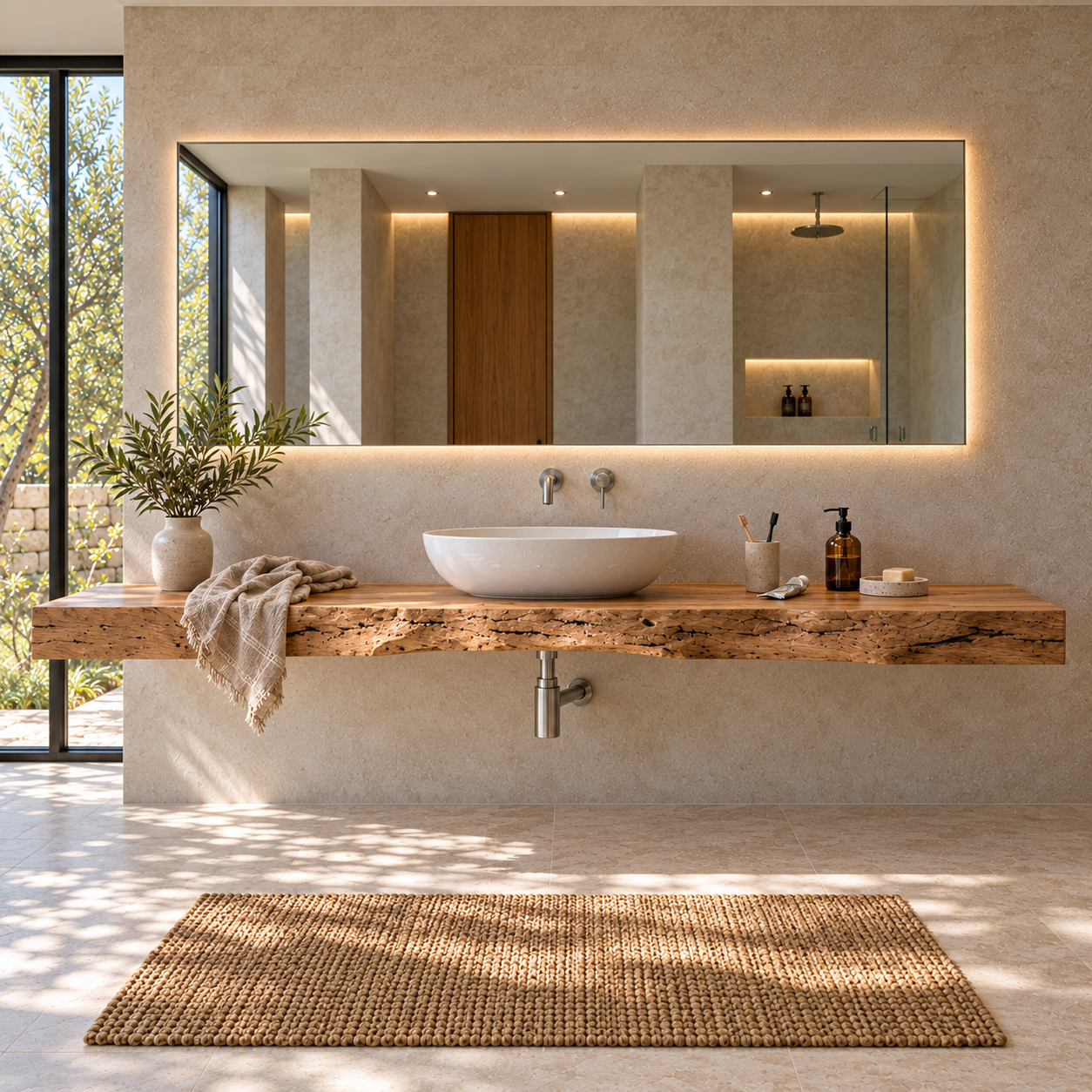 Mensola in legno massello di pioppo per lavabo in appoggio da bagno