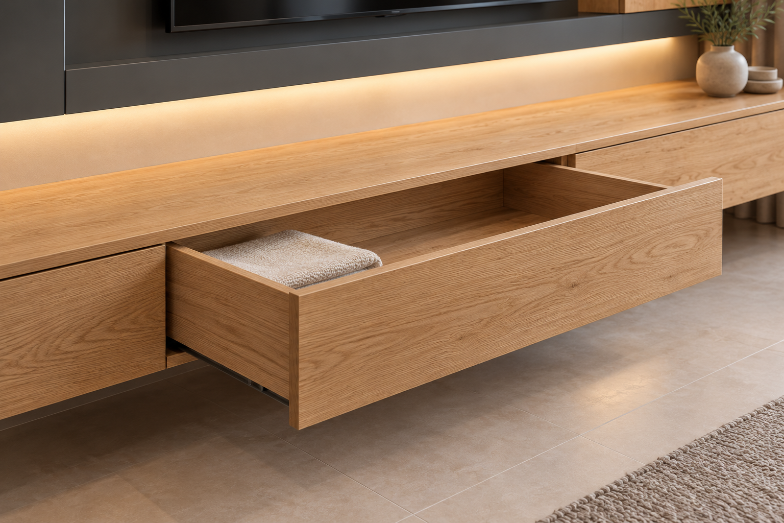Cassetti legno di rovere per parete attrezzata living su misura X