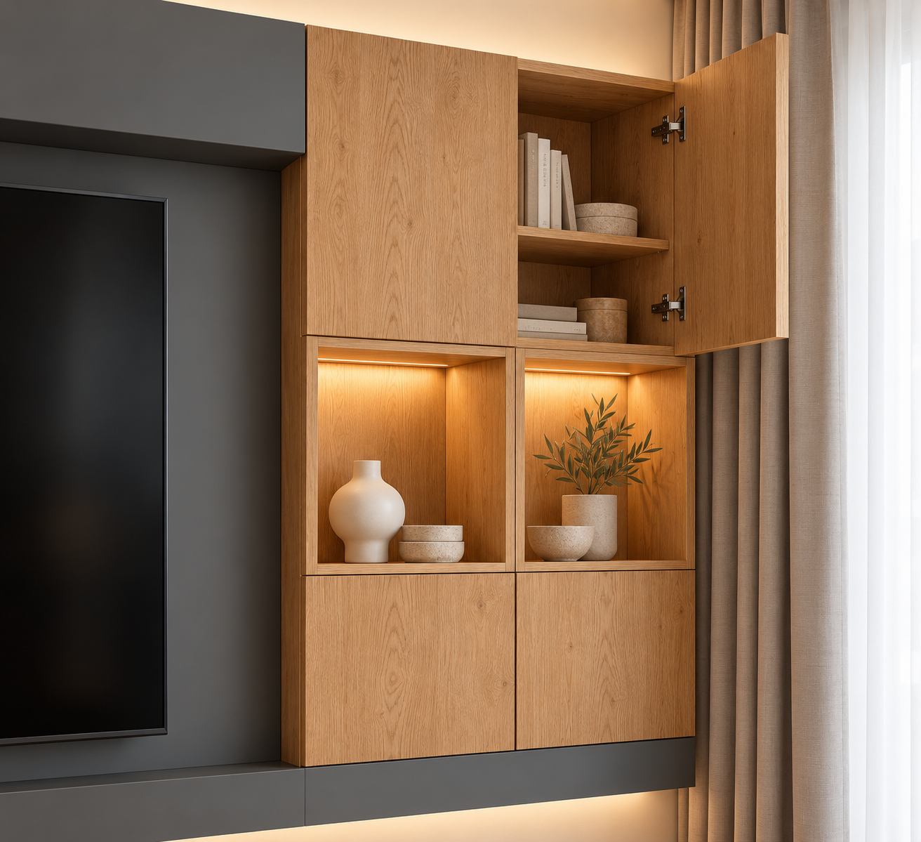 Pensili componibili, parete soggiorno porta TV in legno