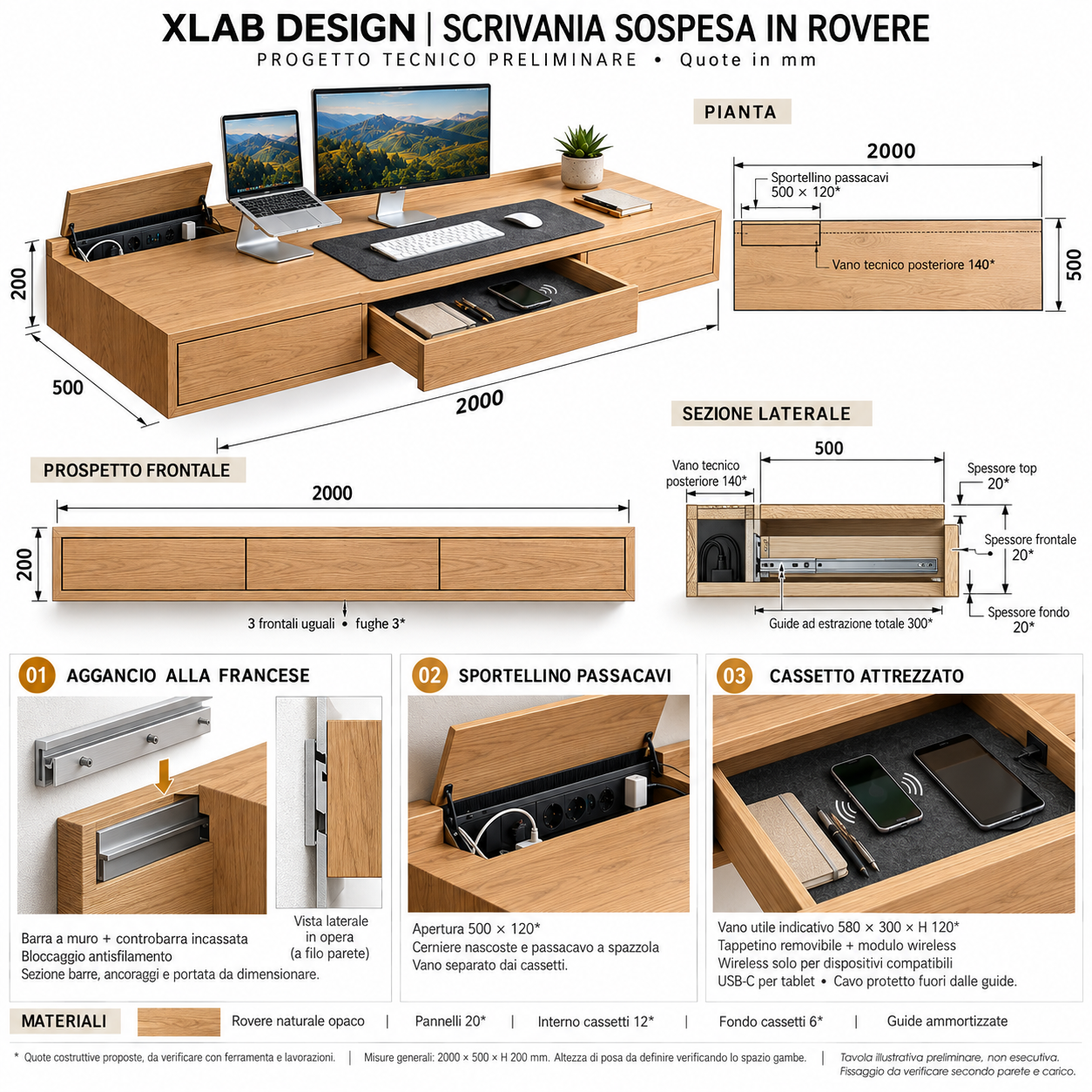 Scrivania sospesa in legno con cassetti scheda tecnica
