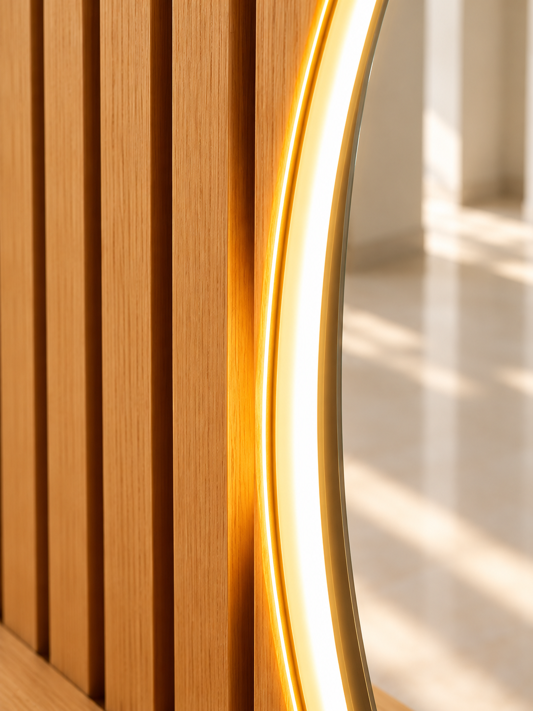 orbita-dettaglio-specchio-curvo-led.webp Dettaglio del bordo curvo dello specchio ORBITA con illuminazione LED accanto ai listelli in legno