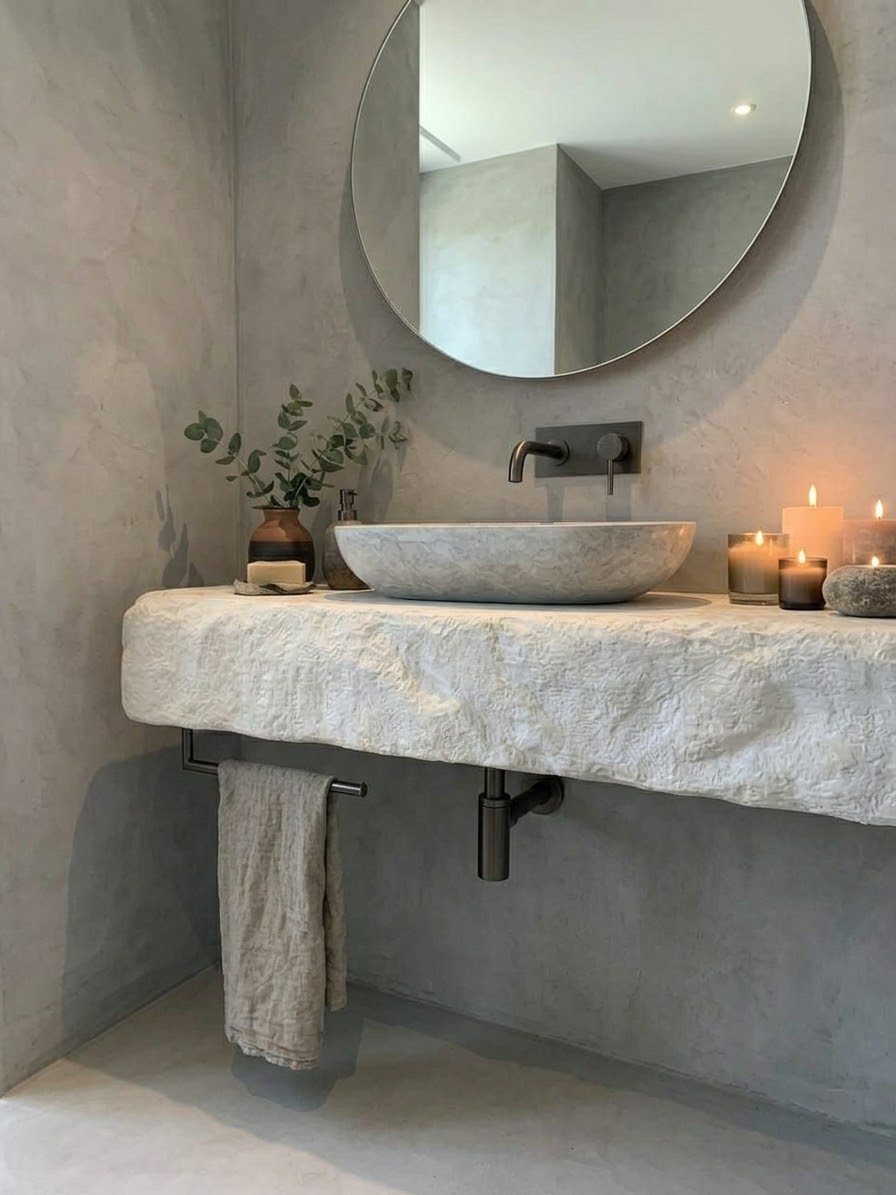 Mensola da bagno per lavabo in appoggio artigianale su misura effetto roccia vera Piano lavabo bagno 140 cm effetto roccia bianco crema XLAB Design