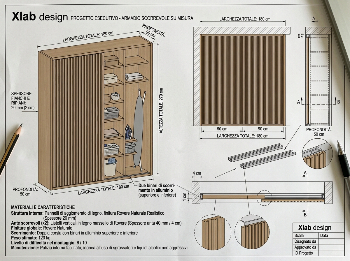 Schema tecnico armadio su misura listelli di legno verticali, Tika Schema e misure materiali per l’armadio, ante muro, listelli di legno verticale