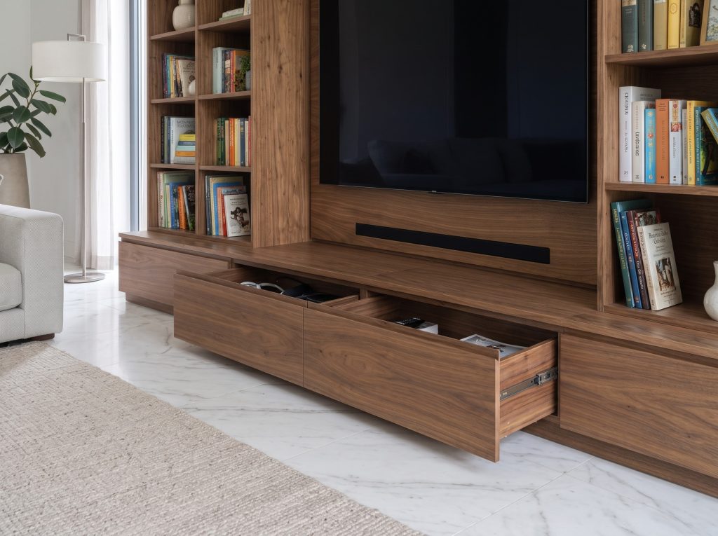 Parete attrezzata di design artigianale legno di Noce su misura