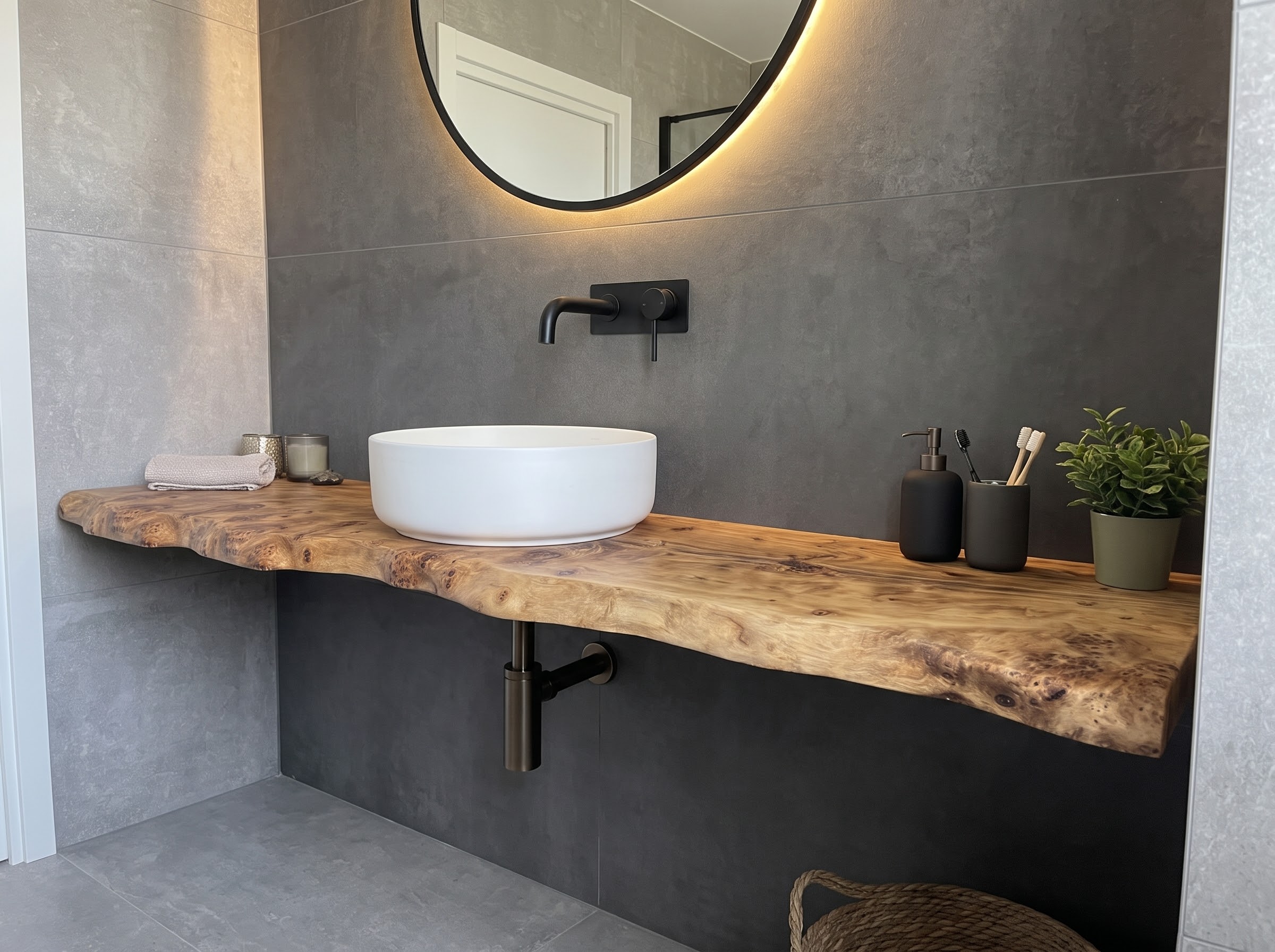 Pezzo unico originale, mensola da bagno sospesa per lavabo in appoggio in radica di pio Per un bagno di lusso, mensola in radica di pioppo
