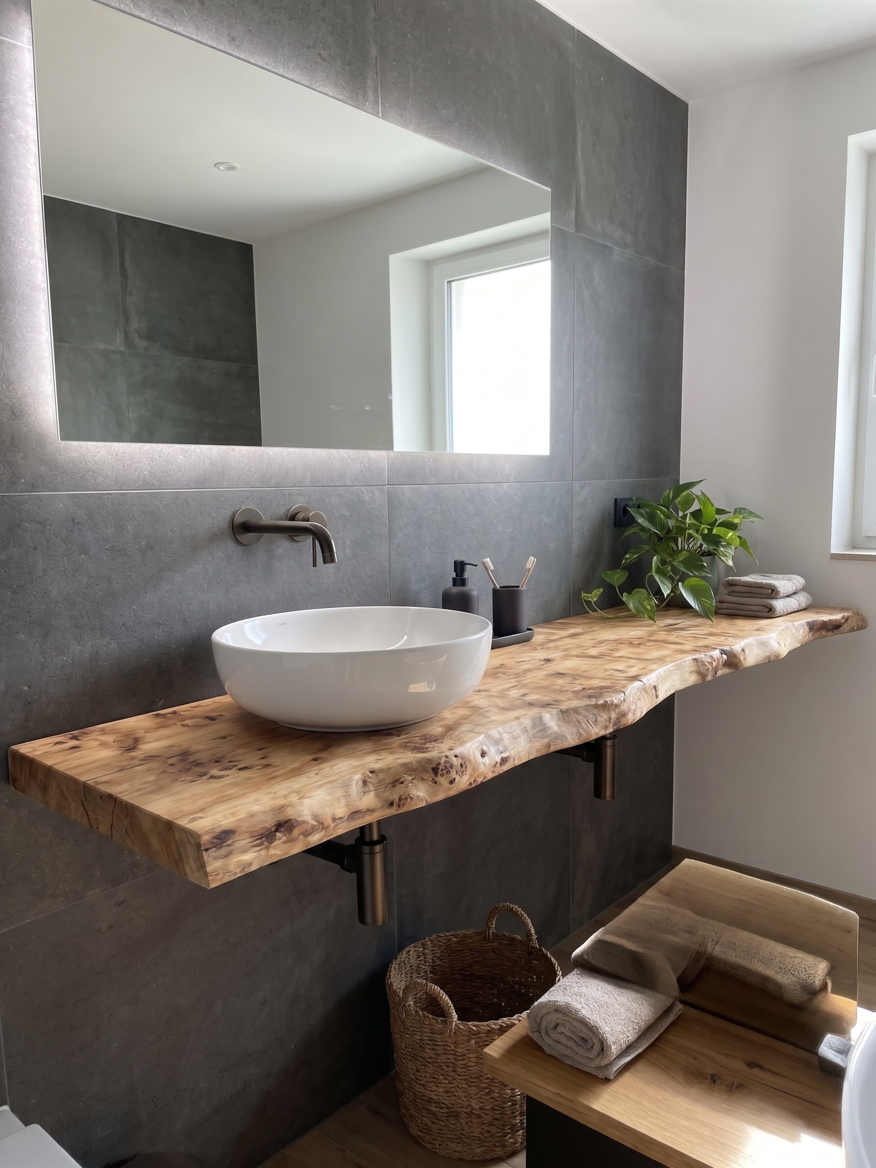 Mensola da bagno, legno radica di pioppo, pezzo unico raro 140x50 cm Mensola da bagno in legno massello di radica di pioppo unico, raro di lusso