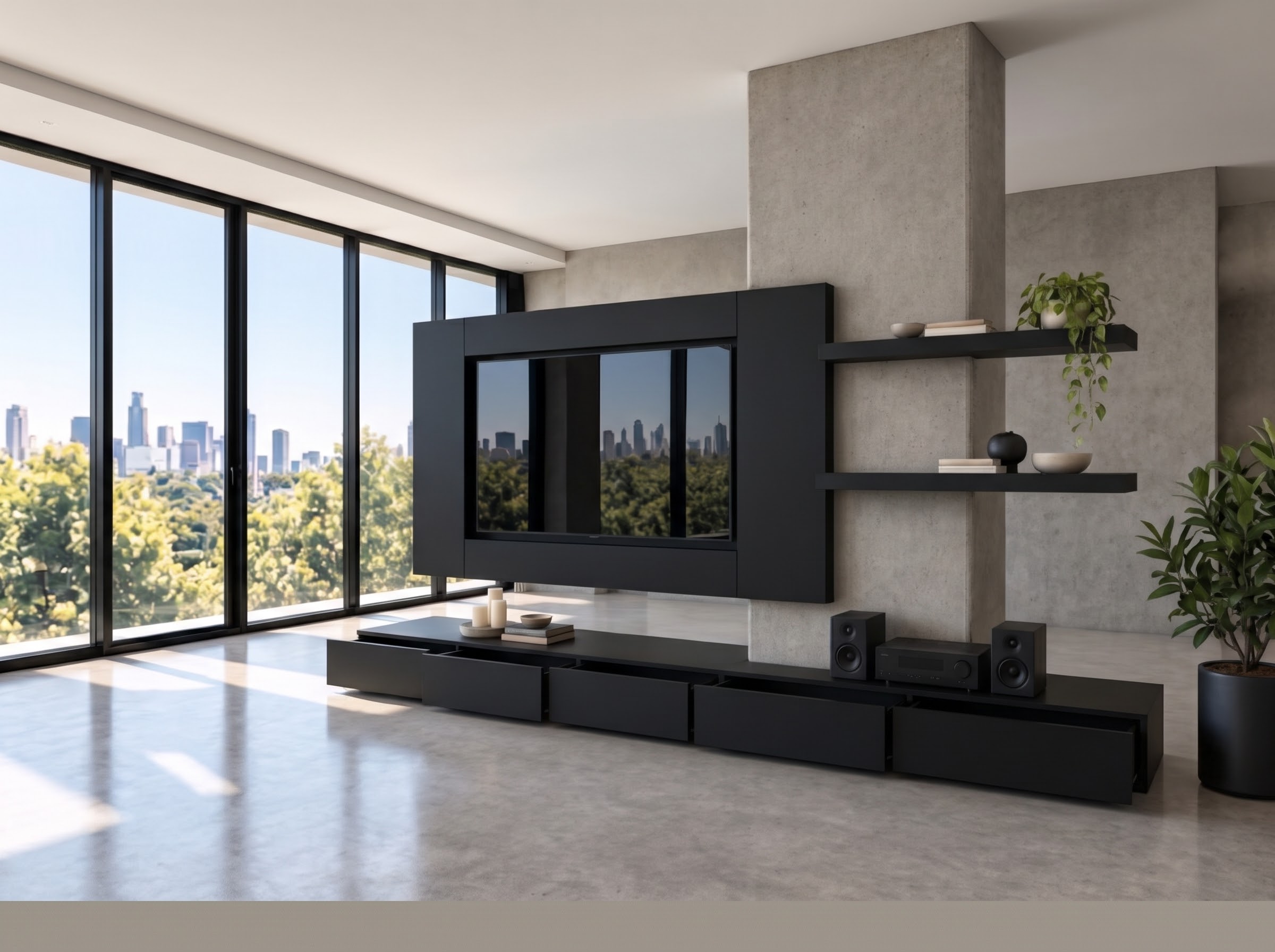 Design italiano parete tv sospeso con cassetti