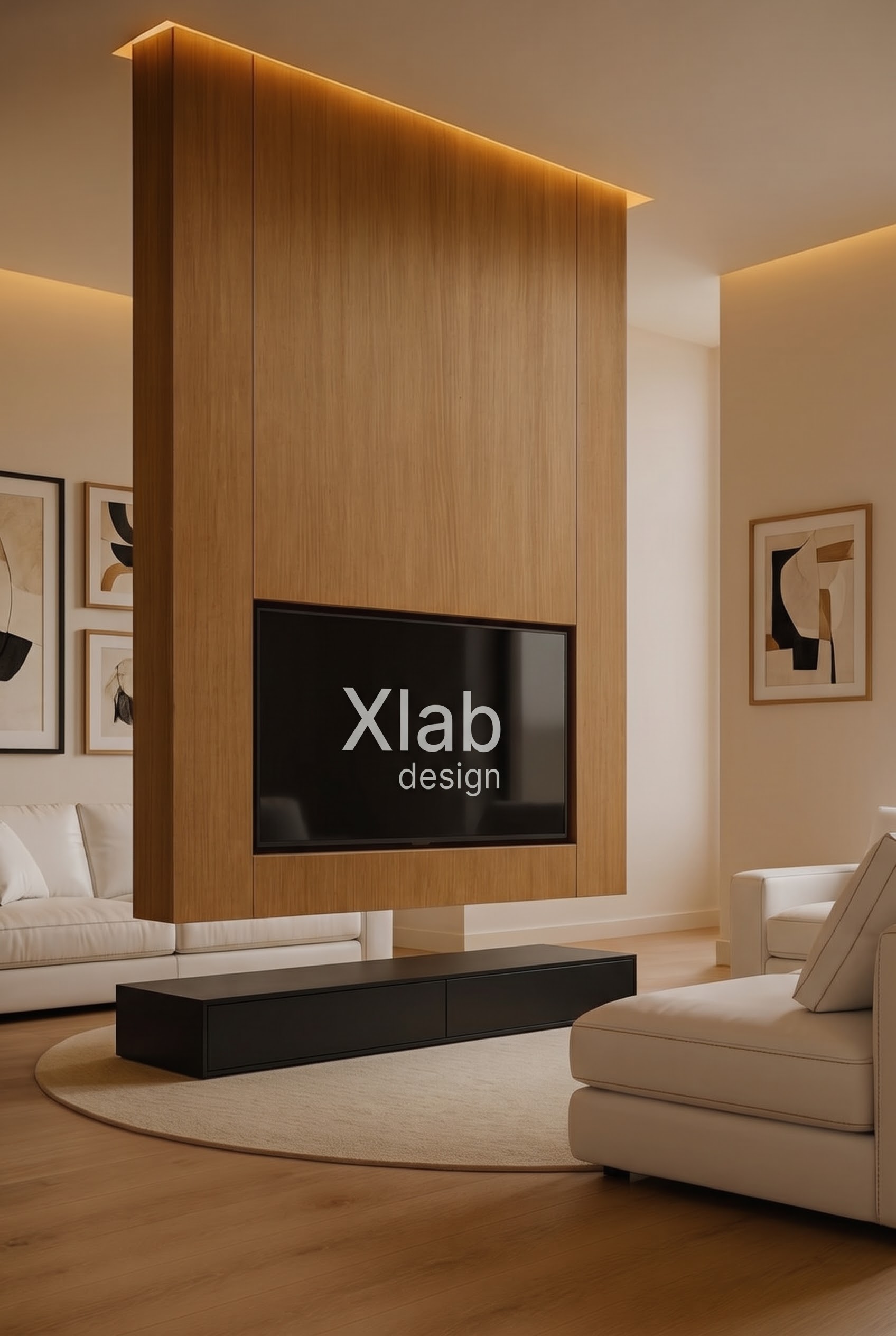 Nome del file: levita-mobile-tv-centro-stanza-sospeso-soffitto-rovere.png Mobile TV LEVITA in rovere sospeso a soffitto, con due sportelli aperti, ripiani interni e base contenitore nero opaco.