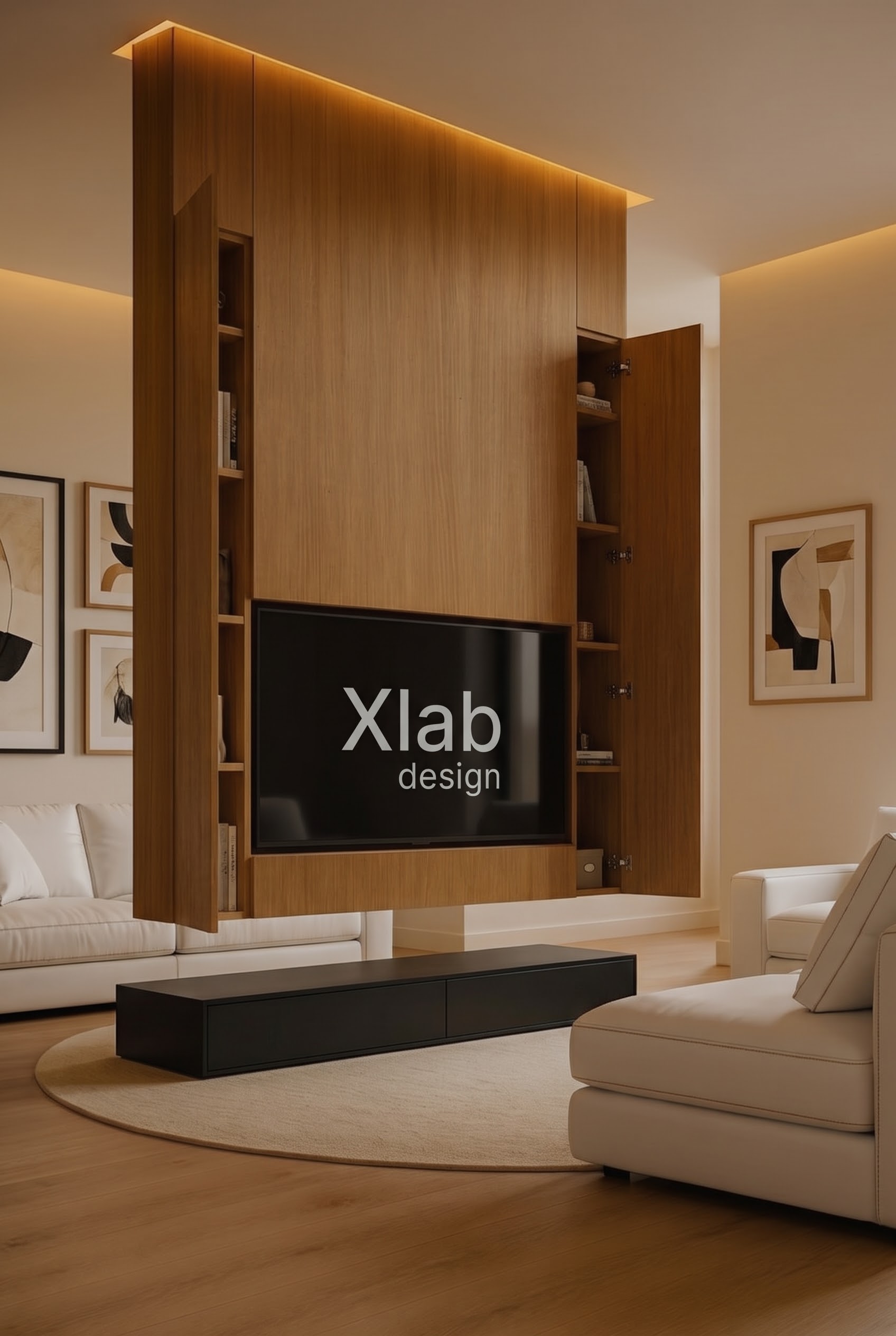 Mobile TV al centro stanza sospeso al soffitto, Idea originale
