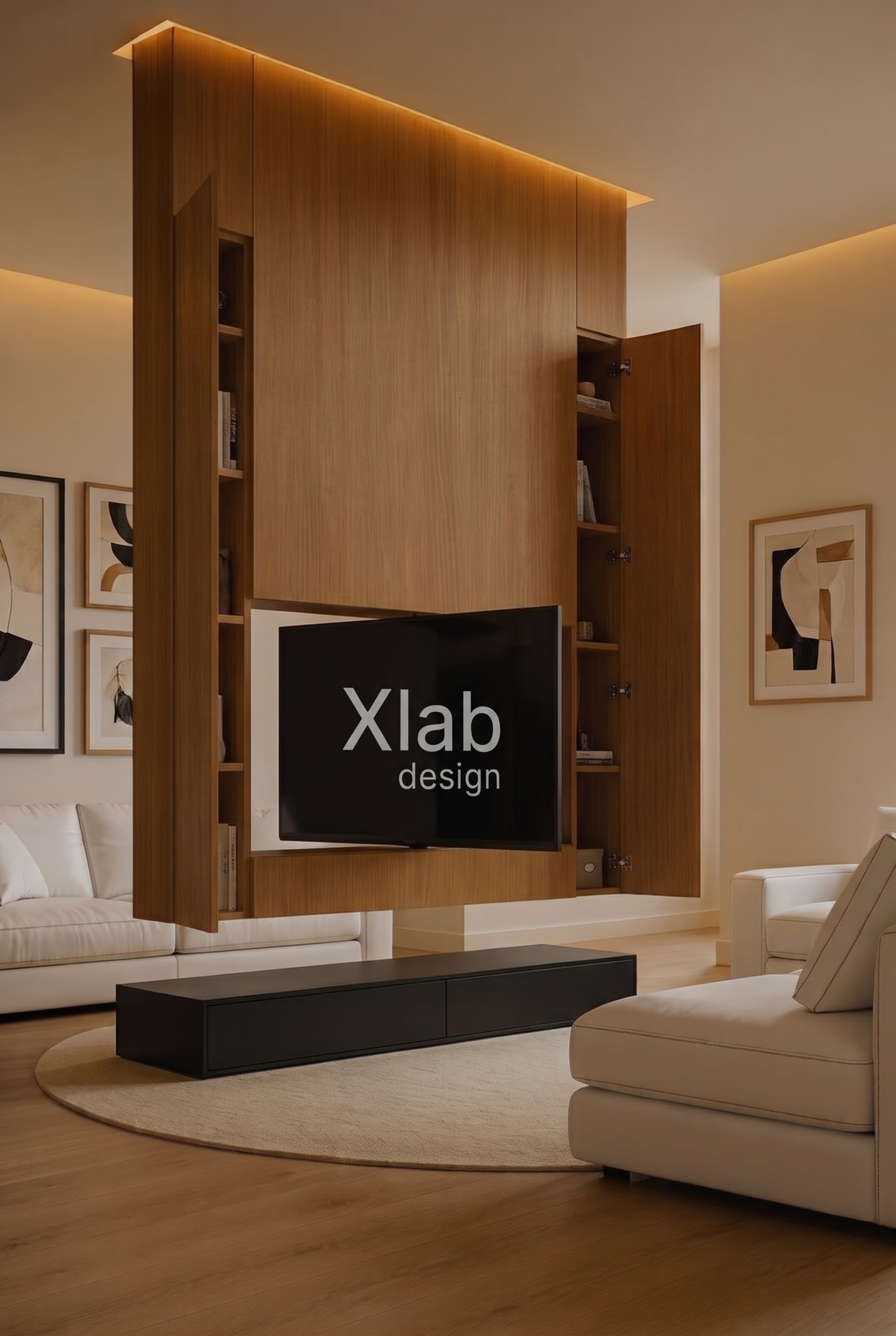 LEVITA – Mobile TV da centro stanza a a soffitto Mobile TV LEVITA in rovere sospeso a soffitto, con due sportelli aperti, ripiani interni e base contenitore nero opaco.