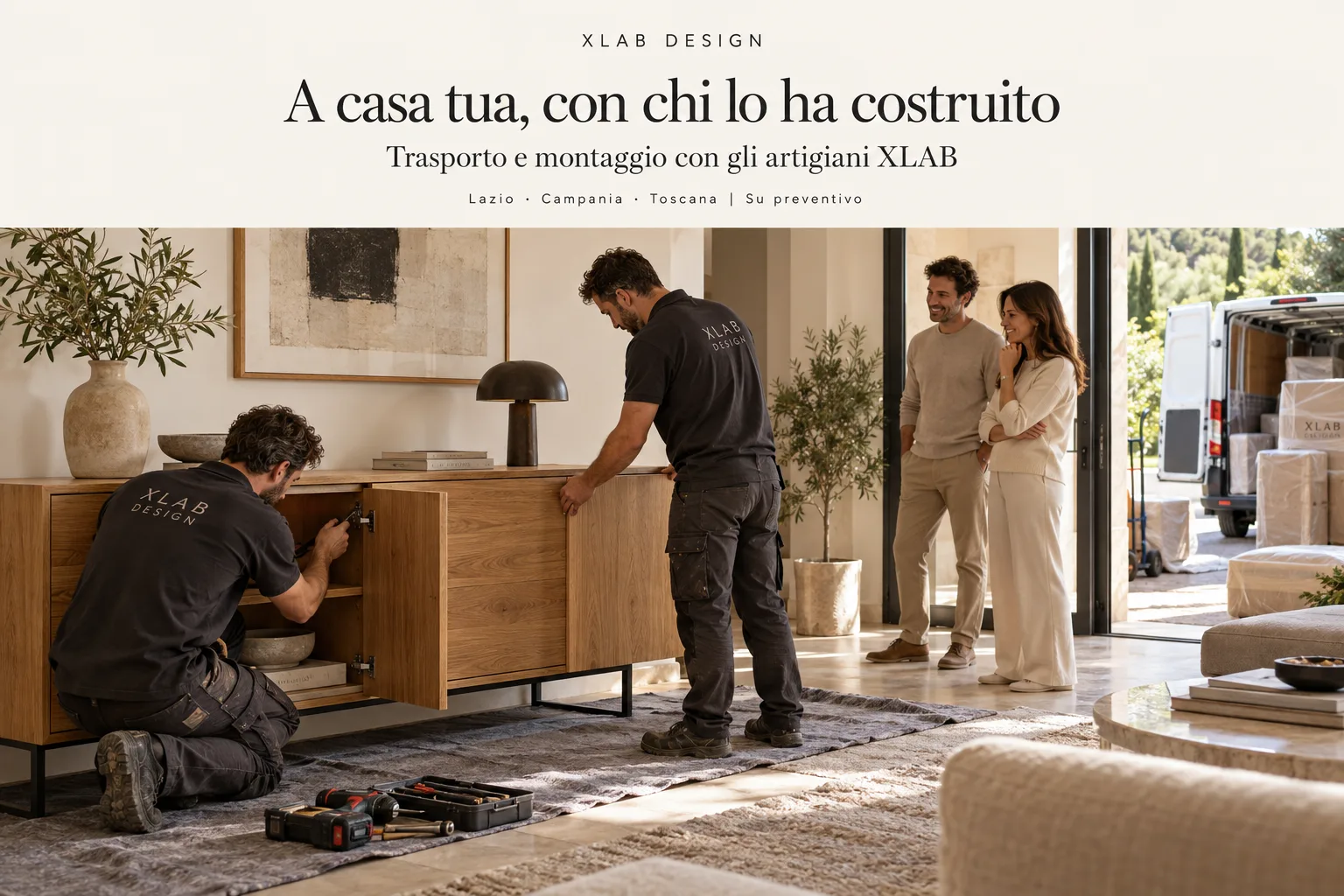 A casa tua, con chi lo ha costruito. Trasporto e montaggio con gli artigiani XLAB. Lazio, Campania, Toscana, su preventivo.